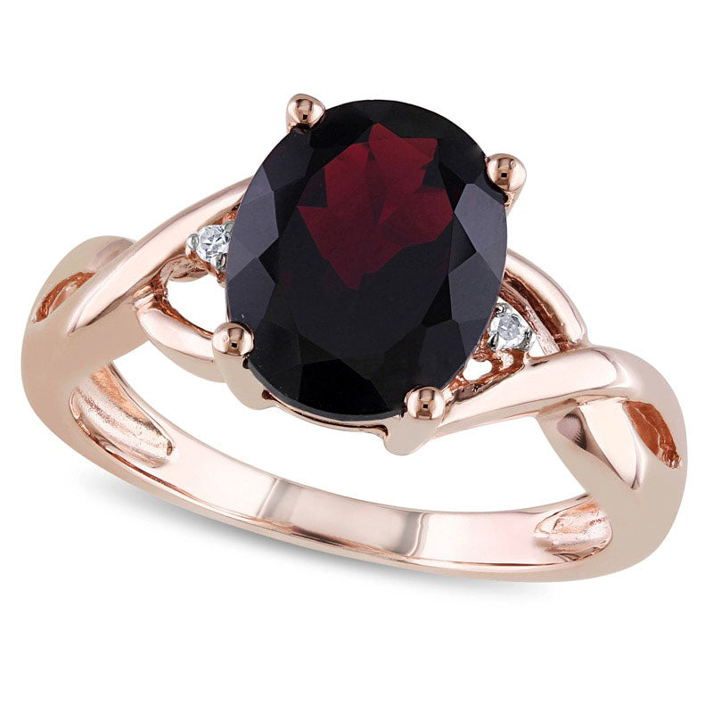 Oval Garnet and Natural Diamond Accent Ring in Solid 10K Rose Gold