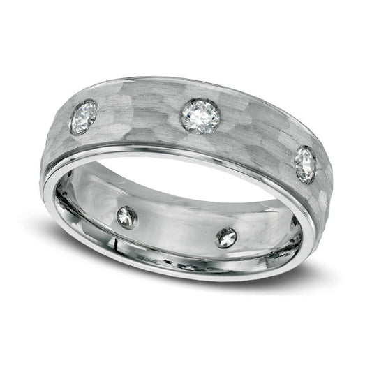 Men's 0.75 CT. T.W. Natural Diamond Hammered Wedding Band in Solid 14K White Gold