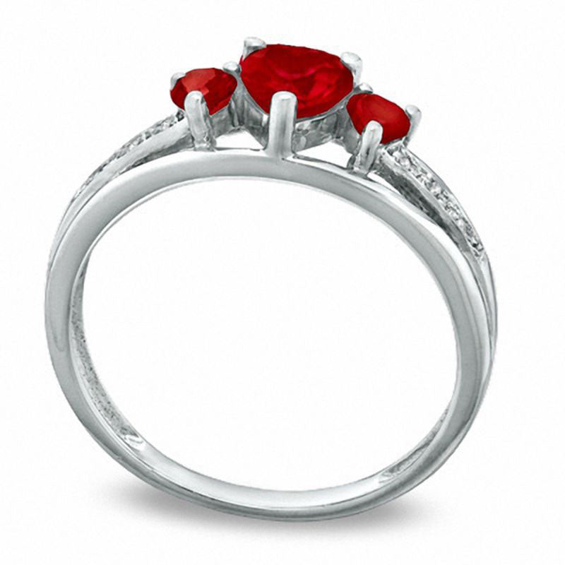 Heart-Shaped Lab-Created Ruby and Diamond Accent Three Stone Promise Ring in Solid 10K White Gold