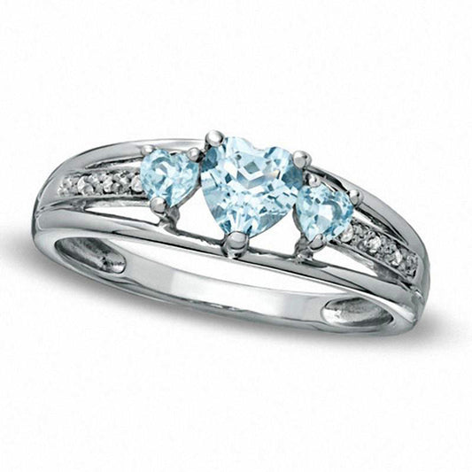 Heart-Shaped Simulated Aquamarine and Natural Diamond Accent Three Stone Promise Ring in Solid 10K White Gold