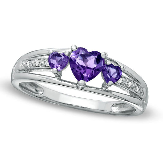 Heart-Shaped Amethyst and Natural Diamond Accent Three Stone Promise Ring in Solid 10K White Gold