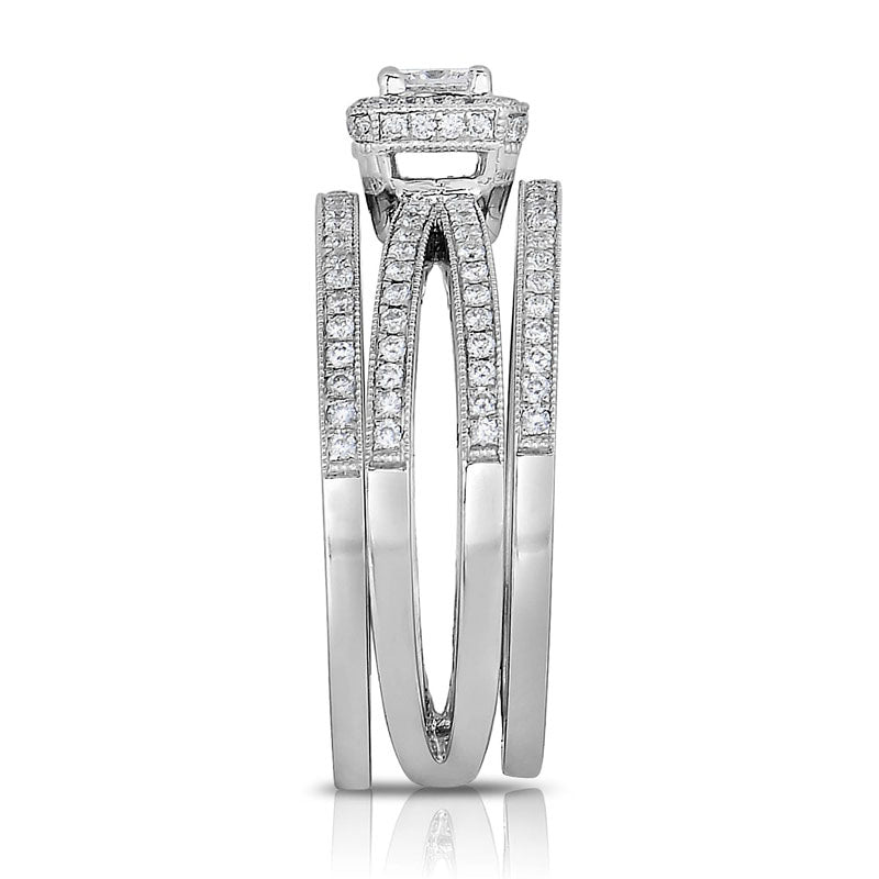 0.75 CT. T.W. Princess-Cut Natural Diamond Split Shank Three Piece Bridal Engagement Ring Set in Solid 14K White Gold
