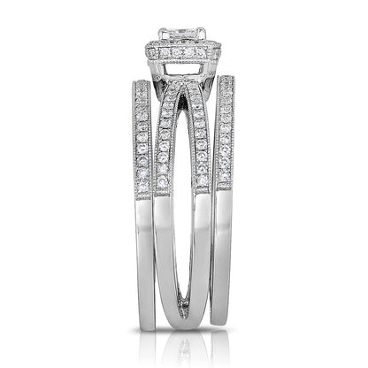 0.75 CT. T.W. Princess-Cut Natural Diamond Split Shank Three Piece Bridal Engagement Ring Set in Solid 14K White Gold