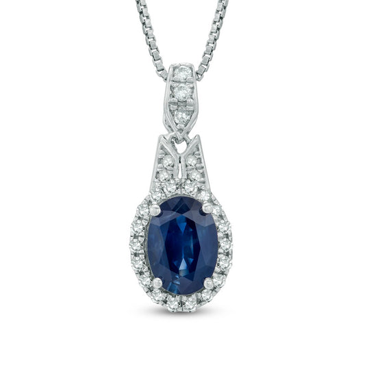 Oval Blue Sapphire and 0.17 CT. T.W. Natural Diamond Pendant in Sterling Silver