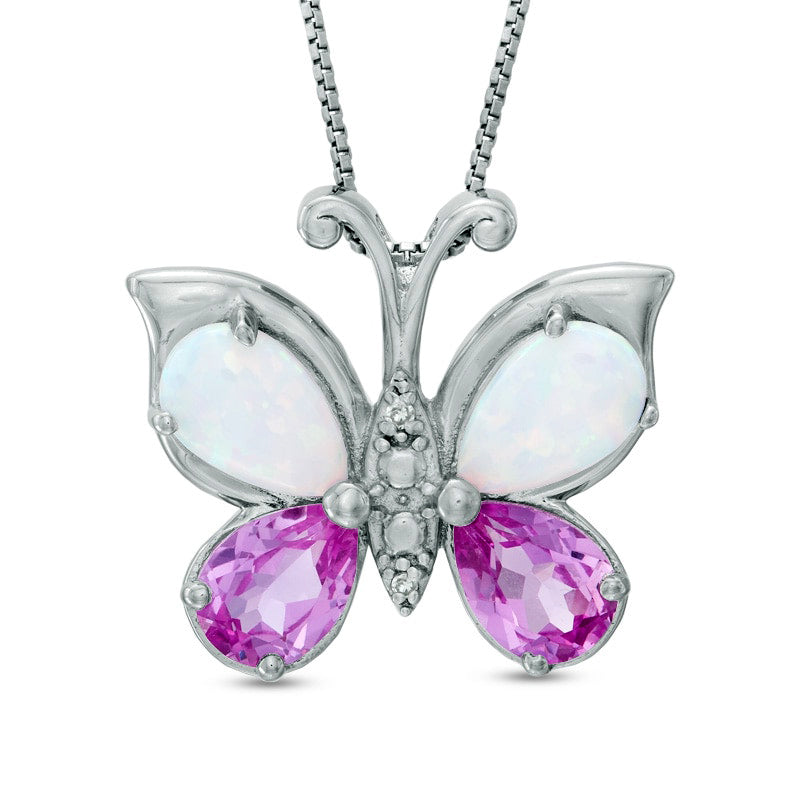 Pear-Shaped Lab-Created Opal, Pink Sapphire and Diamond Accent Butterfly Pendant in Sterling Silver