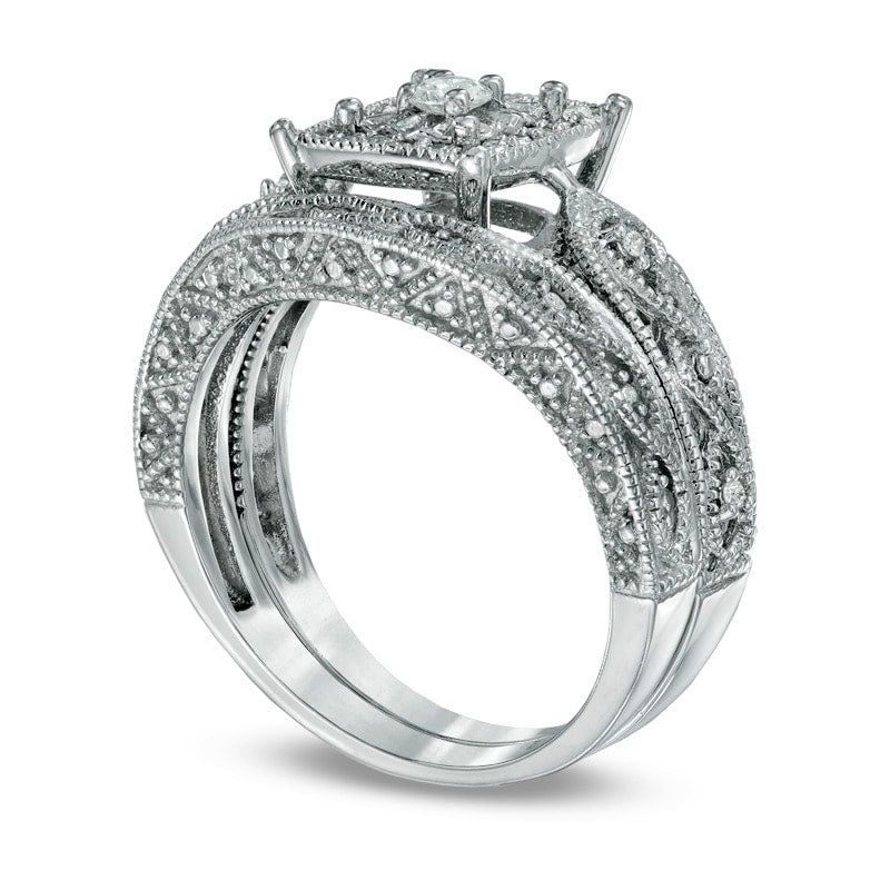 0.20 CT. T.W. Natural Diamond Cascading Bridal Engagement Ring Set in Sterling Silver