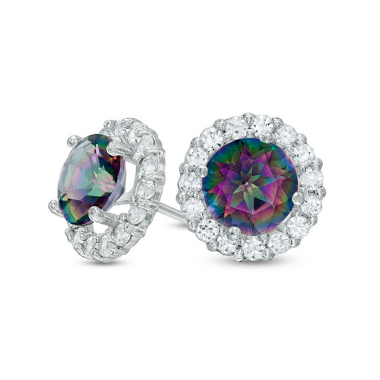 6.0mm Rainbow Quartz and Lab-Created White Sapphire Frame Stud Earrings in 10K White Gold