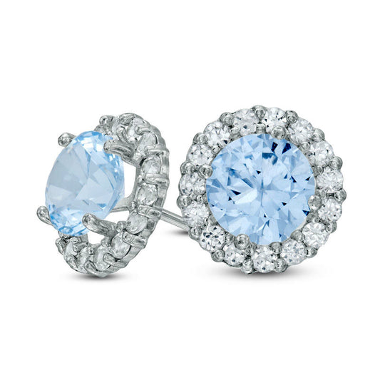 6.0mm Simulated Aquamarine and Lab-Created White Sapphire Frame Stud Earrings in 10K White Gold