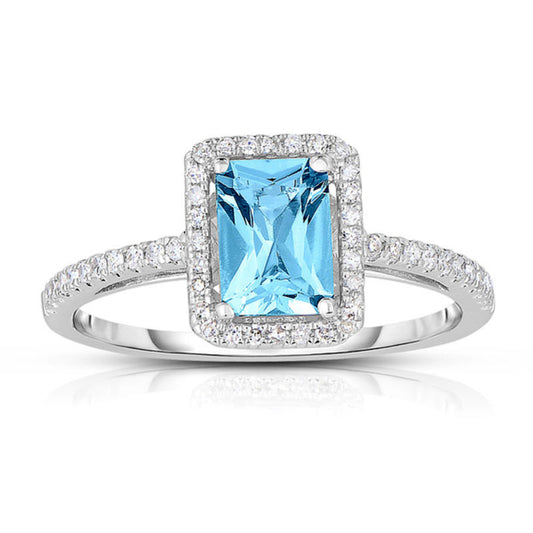 Emerald-Cut Aquamarine and 0.20 CT. T.W. Natural Diamond Frame Ring in Solid 14K White Gold - Size 7