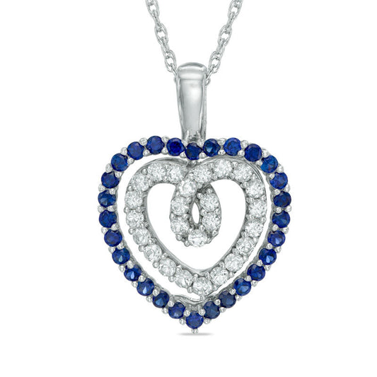 Lab-Created Blue and White Sapphire Interchangeable Double Heart Pendant in Sterling Silver