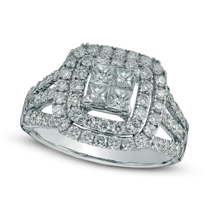 1.5 CT. T.W. Quad Princess-Cut Natural Diamond Double Frame Engagement Ring in Solid 14K White Gold