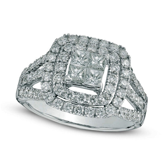 1.5 CT. T.W. Quad Princess-Cut Natural Diamond Double Frame Engagement Ring in Solid 14K White Gold