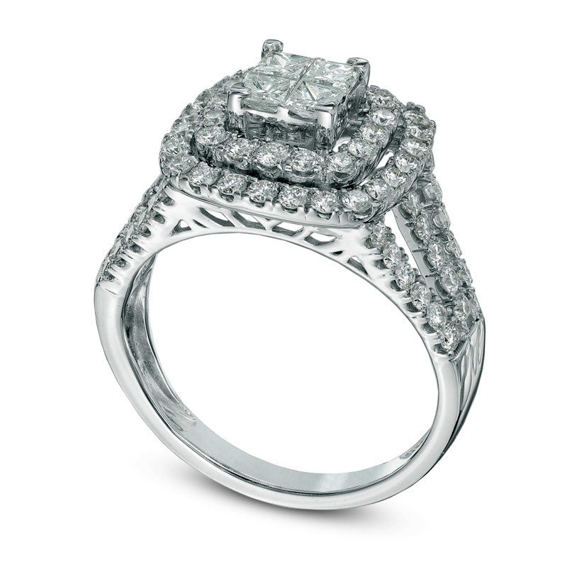 1.5 CT. T.W. Quad Princess-Cut Natural Diamond Double Frame Engagement Ring in Solid 14K White Gold