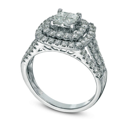 1.5 CT. T.W. Quad Princess-Cut Natural Diamond Double Frame Engagement Ring in Solid 14K White Gold