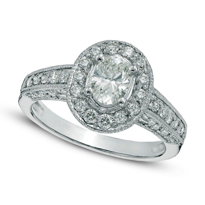 1-1/4 C.T. T.W. Oval Natural Diamond Frame Antique Vintage-Style Engagement Ring in Solid 14K White Gold