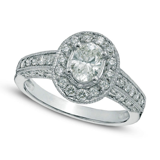 1-1/4 C.T. T.W. Oval Natural Diamond Frame Antique Vintage-Style Engagement Ring in Solid 14K White Gold