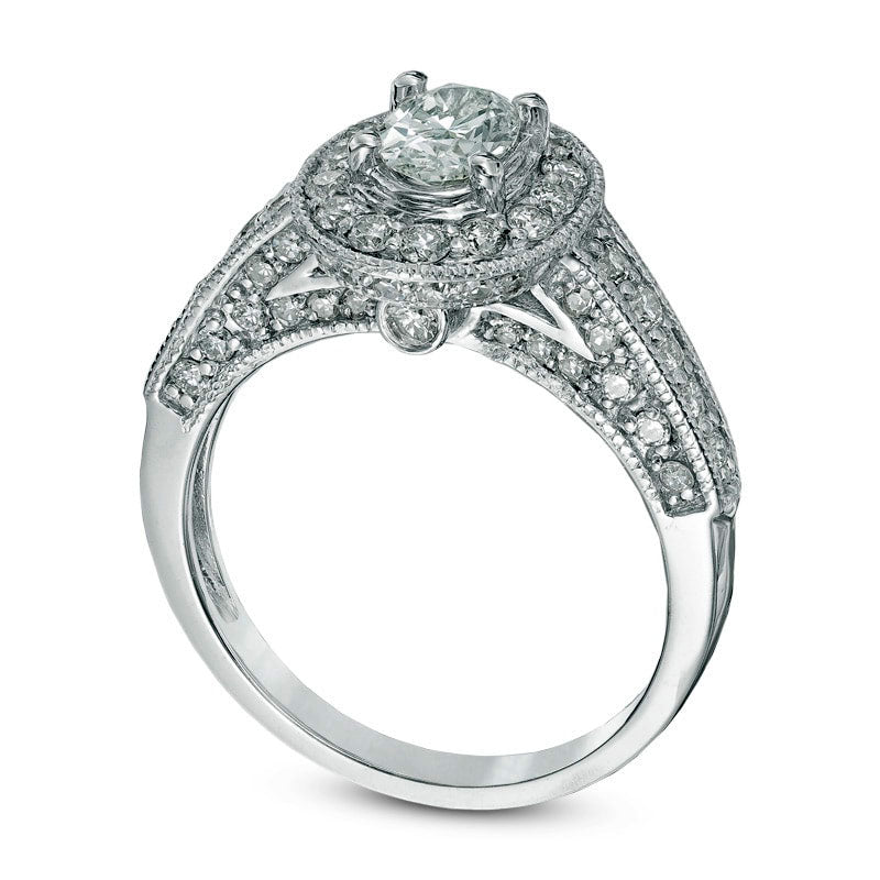 1-1/4 C.T. T.W. Oval Natural Diamond Frame Antique Vintage-Style Engagement Ring in Solid 14K White Gold