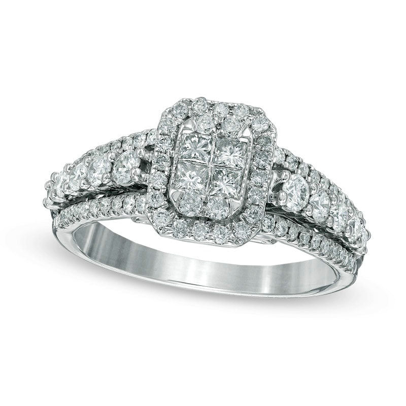 1.0 CT. T.W. Quad Princess-Cut Natural Diamond Frame Engagement Ring in Solid 14K White Gold