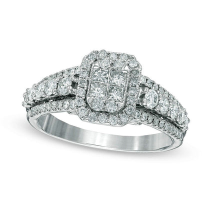 1.0 CT. T.W. Quad Princess-Cut Natural Diamond Frame Engagement Ring in Solid 14K White Gold