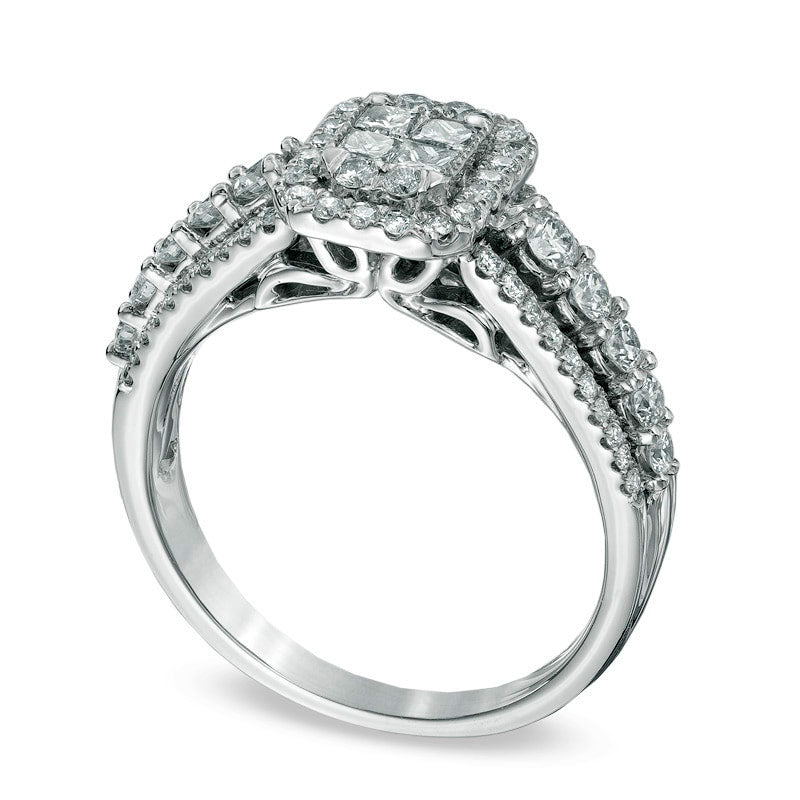 1.0 CT. T.W. Quad Princess-Cut Natural Diamond Frame Engagement Ring in Solid 14K White Gold