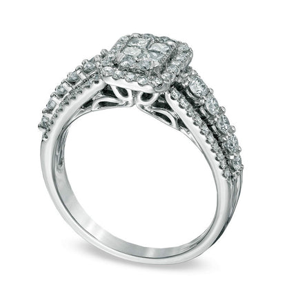 1.0 CT. T.W. Quad Princess-Cut Natural Diamond Frame Engagement Ring in Solid 14K White Gold