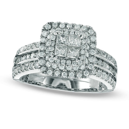 1.13 CT. T.W. Quad Princess-Cut Natural Diamond Double Frame Engagement Ring in Solid 14K White Gold