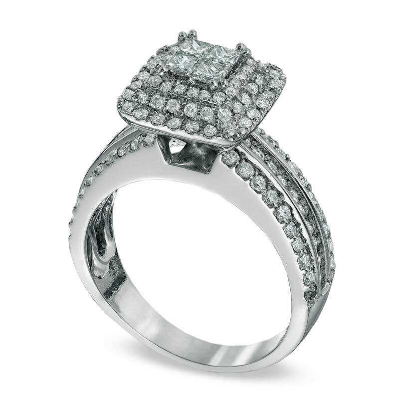 1.13 CT. T.W. Quad Princess-Cut Natural Diamond Double Frame Engagement Ring in Solid 14K White Gold