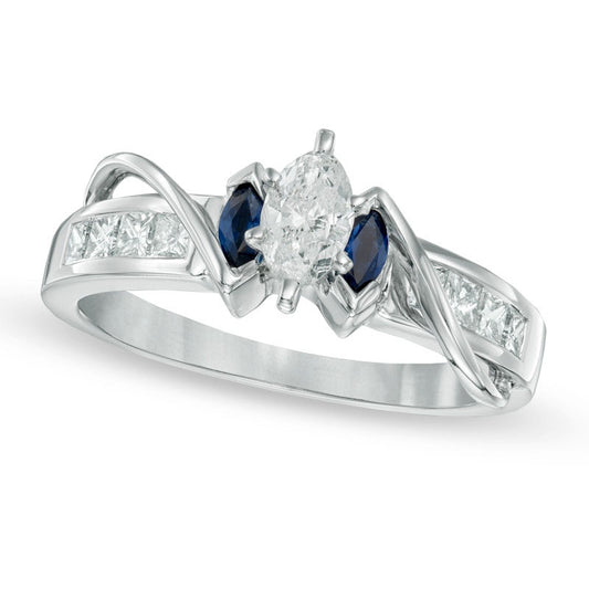 0.63 CT. T.W. Marquise Natural Diamond and Blue Sapphire Three Stone Ring in Solid 14K White Gold