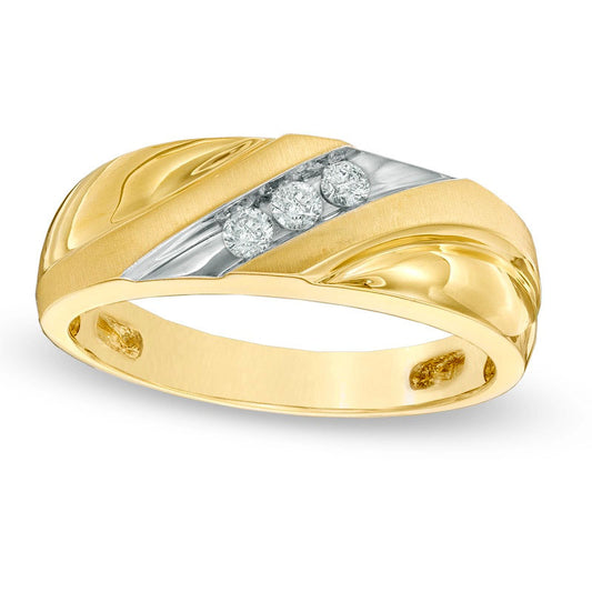 Men's 0.17 CT. T.W. Natural Diamond Slant Three Stone Comfort Fit Wedding Band in Solid 14K Gold