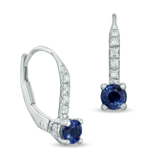 4.0mm Blue Sapphire and 0.1 CT. T.W. Diamond Drop Earrings in 14K White Gold
