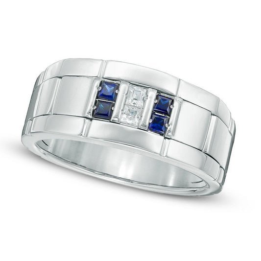 Men's Square-Cut Blue Sapphire and 0.10 CT. T.W. Natural Diamond Comfort Fit Wedding Band in Sterling Silver