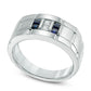 Men's Square-Cut Blue Sapphire and 0.10 CT. T.W. Natural Diamond Comfort Fit Wedding Band in Sterling Silver