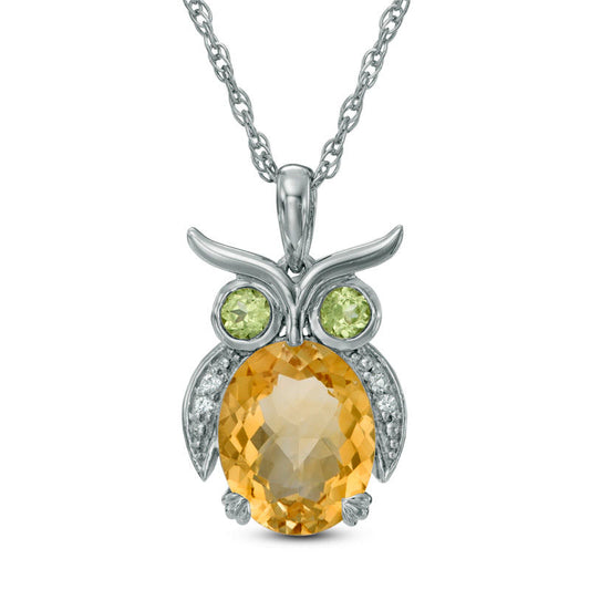 Oval Citrine, Peridot and Lab-Created White Sapphire Owl Pendant in Sterling Silver