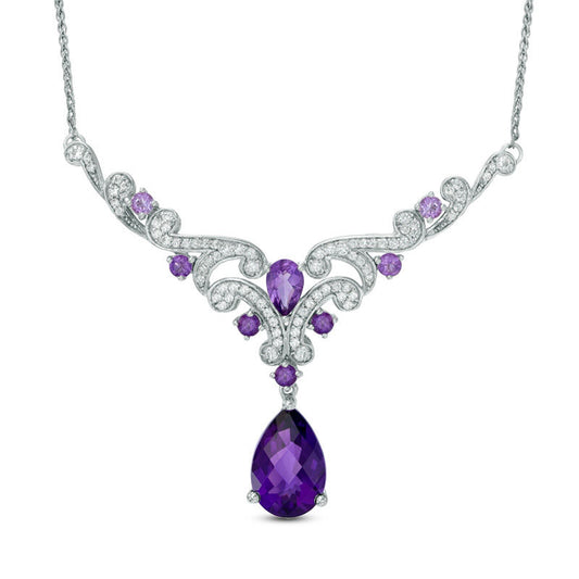 Pear-Shaped Amethyst and Lab-Created White Sapphire Necklace in Sterling Silver - 17"