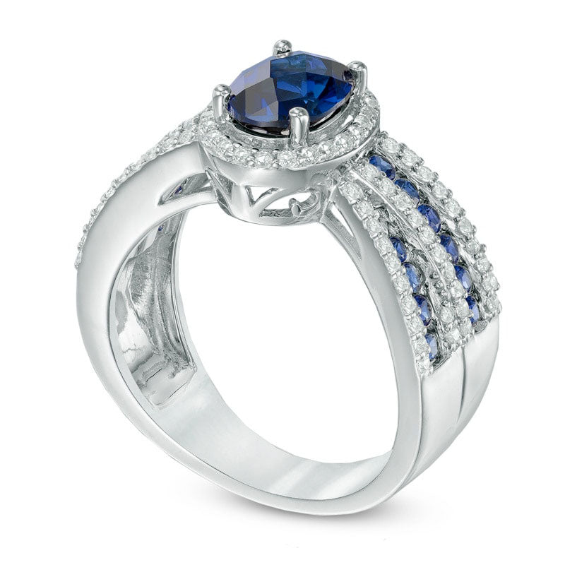 Oval Lab-Created Blue and White Sapphire Frame Engagement Ring in Sterling Silver