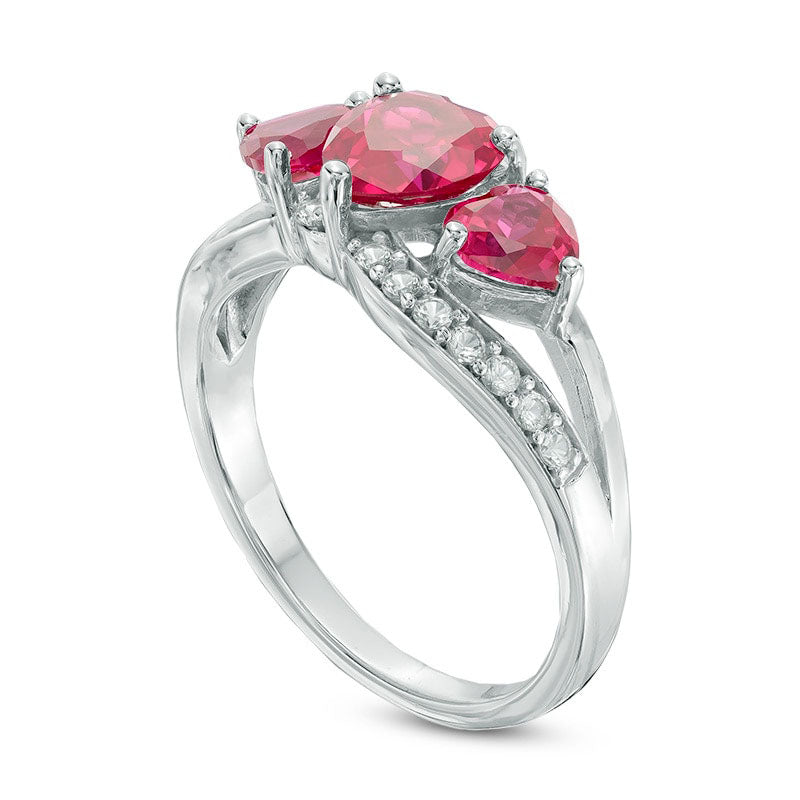 Heart-Shaped Lab-Created Ruby and White Sapphire Three Stone Ring in Solid 10K White Gold