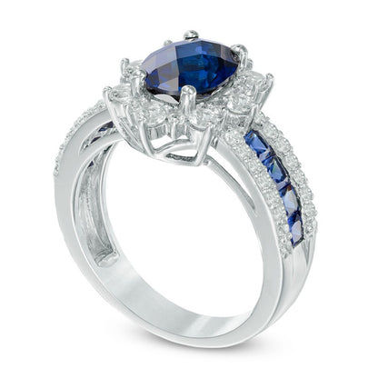 Oval Lab-Created Blue and White Sapphire Frame Engagement Ring in Sterling Silver