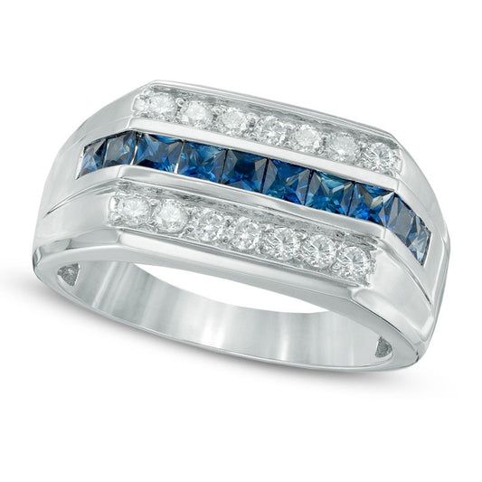 Men's Square-Cut Blue Sapphire and 0.38 CT. T.W. Natural Diamond Ring in Solid 14K White Gold