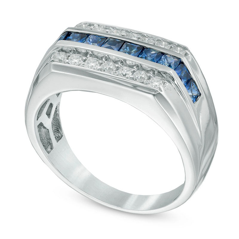 Men's Square-Cut Blue Sapphire and 0.38 CT. T.W. Natural Diamond Ring in Solid 14K White Gold