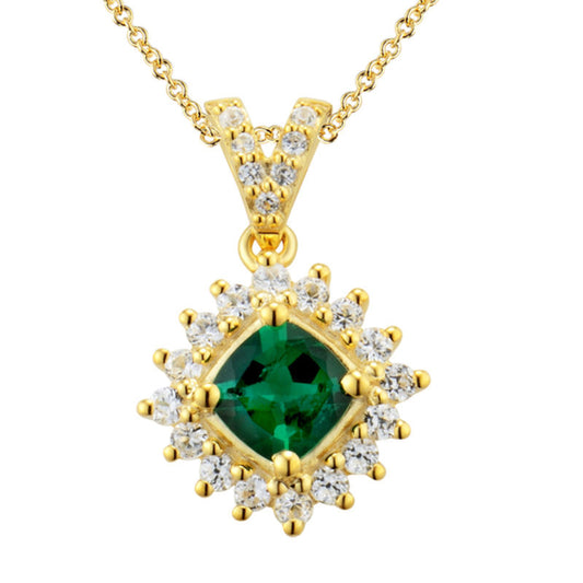 5.0mm Cushion-Cut Lab-Created Emerald and White Sapphire Pendant in Sterling Silver with 14K Gold Plate