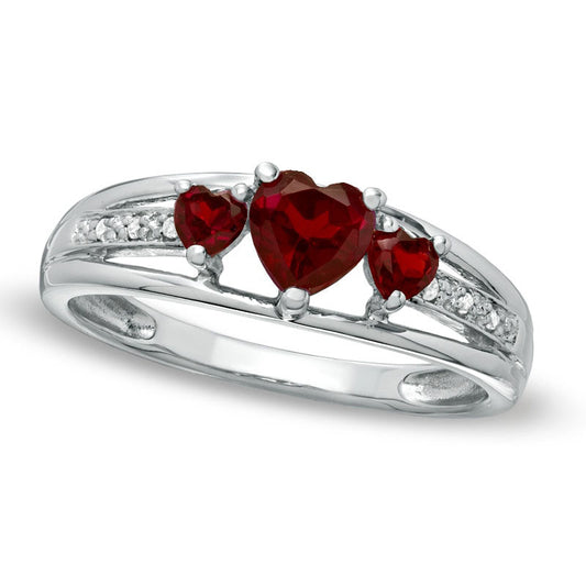 5.0mm Heart-Shaped Garnet and Natural Diamond Accent Three Stone Promise Ring in Solid 10K White Gold