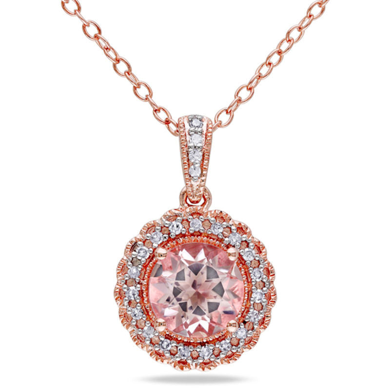 7.0mm Morganite and 0.1 CT. T.W. Natural Diamond Frame Pendant in Rose Rhodium Sterling Silver