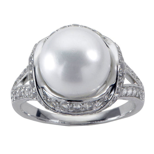 10.0 - 11.0mm Cultured Freshwater Pearl and White Topaz Split Shank Ring in Sterling Silver