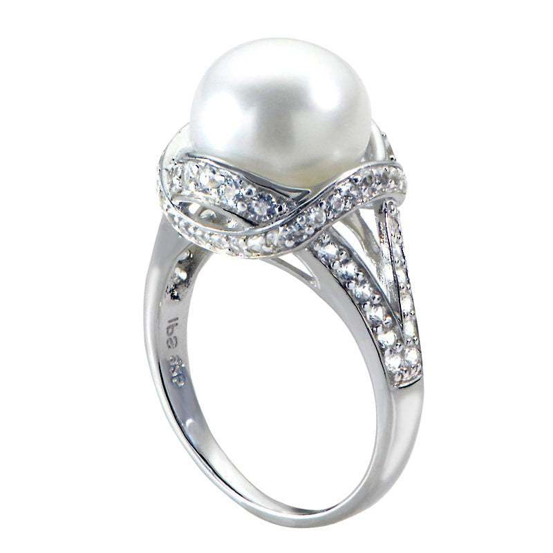 10.0 - 11.0mm Cultured Freshwater Pearl and White Topaz Split Shank Ring in Sterling Silver