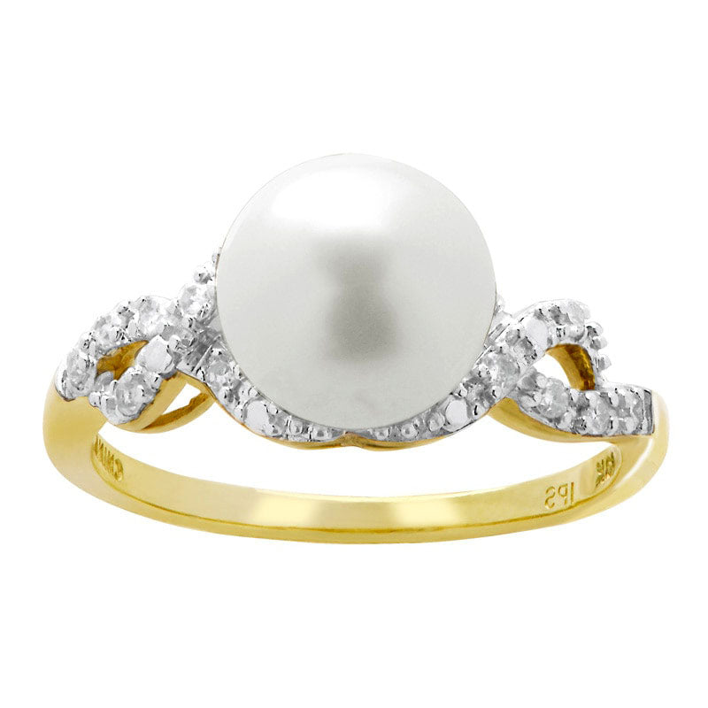 8.5 - 9.0mm Cultured Freshwater Pearl and 0.10 CT. T.W. Natural Diamond Twist Ring in Solid 10K Yellow Gold