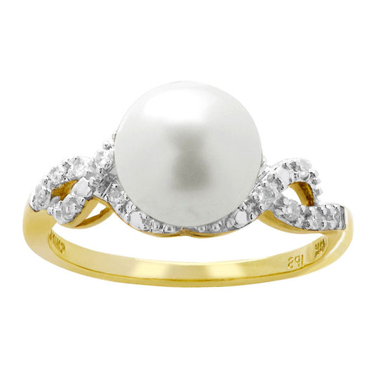 8.5 - 9.0mm Cultured Freshwater Pearl and 0.10 CT. T.W. Natural Diamond Twist Ring in Solid 10K Yellow Gold
