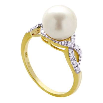 8.5 - 9.0mm Cultured Freshwater Pearl and 0.10 CT. T.W. Natural Diamond Twist Ring in Solid 10K Yellow Gold