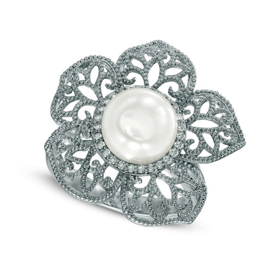 9.0mm Cultured Freshwater Pearl and 0.13 CT. T.W. Natural Diamond Flower Ring in Sterling Silver