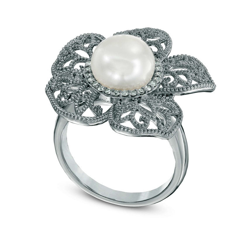 9.0mm Cultured Freshwater Pearl and 0.13 CT. T.W. Natural Diamond Flower Ring in Sterling Silver