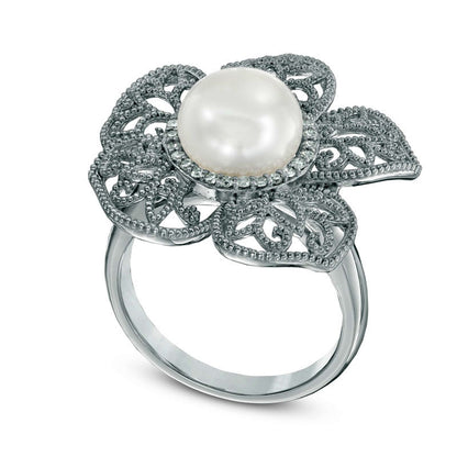 9.0mm Cultured Freshwater Pearl and 0.13 CT. T.W. Natural Diamond Flower Ring in Sterling Silver